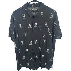 Playboy By Pacsun Button Up Shirt Mens Medium Rayon Black Short Sleeve Collar